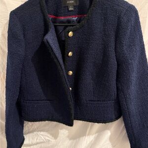 J. Crew Navy Bouclé Cropped Blazer with Gold Buttons